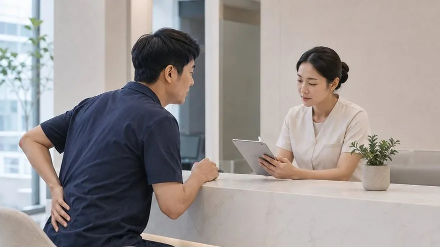 산재보험 치료를 위해 본튼튼마취통증의학과에 내원해 상담받는 근로자