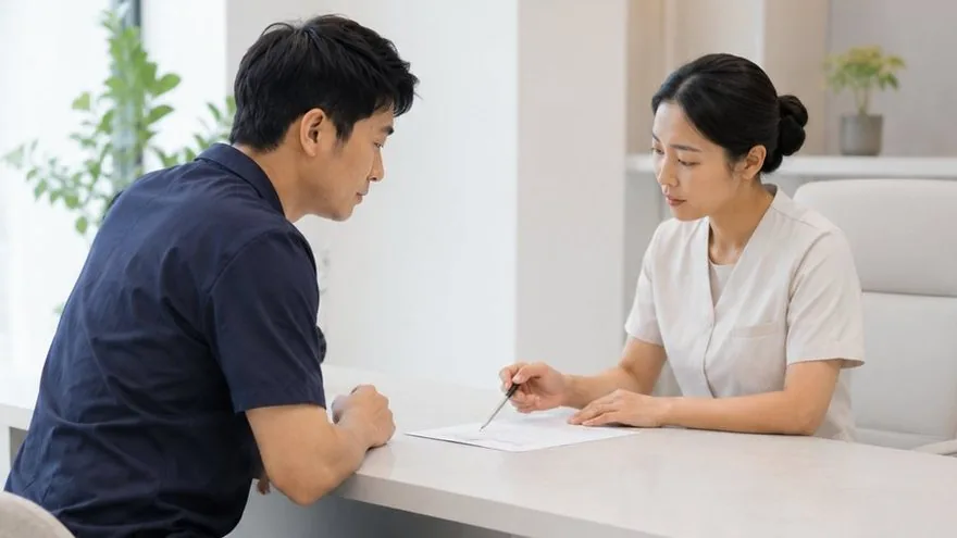 산재 담당 직원이 산재보험 접수와 치료 절차를 안내하는 모습